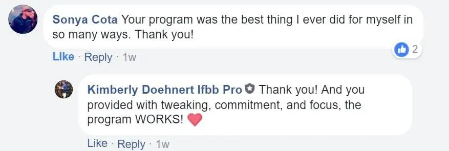 Facebook comment from Sonya Cota saying the program was the best thing she ever did for herself, with Kimberly Doehnert's verified IFBB Pro reply: Thank you! And you provided with tweaking, commitment, and focus, the program WORKS!