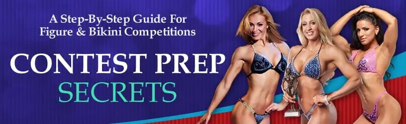 Three female figure and bikini competitors on stage in competition suits
