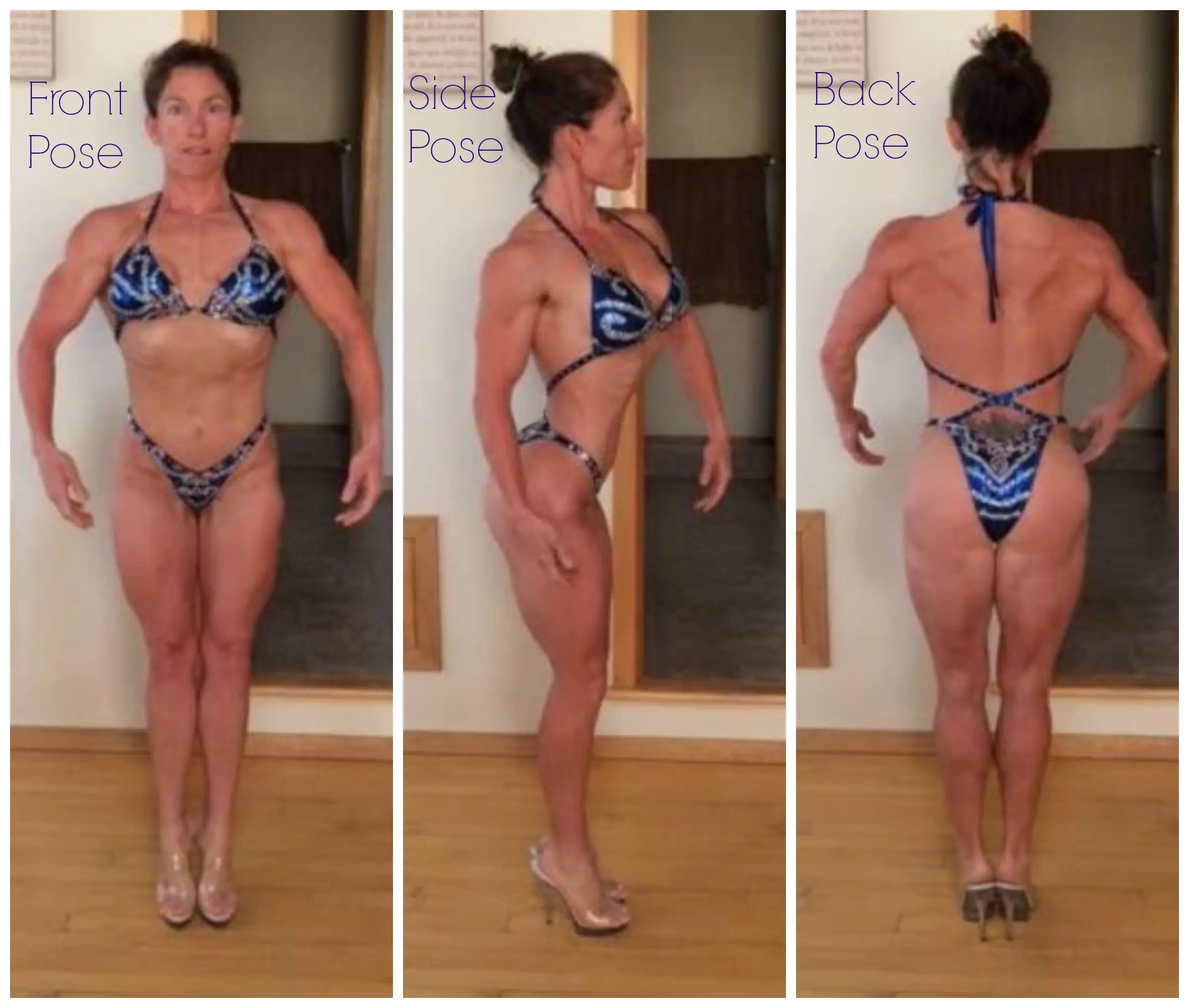 Three-panel posing reference - Front Pose, Side Pose, and Back Pose of a competitor in blue patterned bikini and clear heels